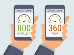 Vector hands holding two smartphones with credit score app on-screen.