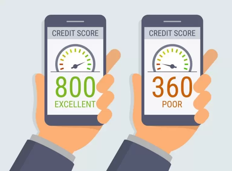 Vector hands holding two smartphones with credit score app on-screen.