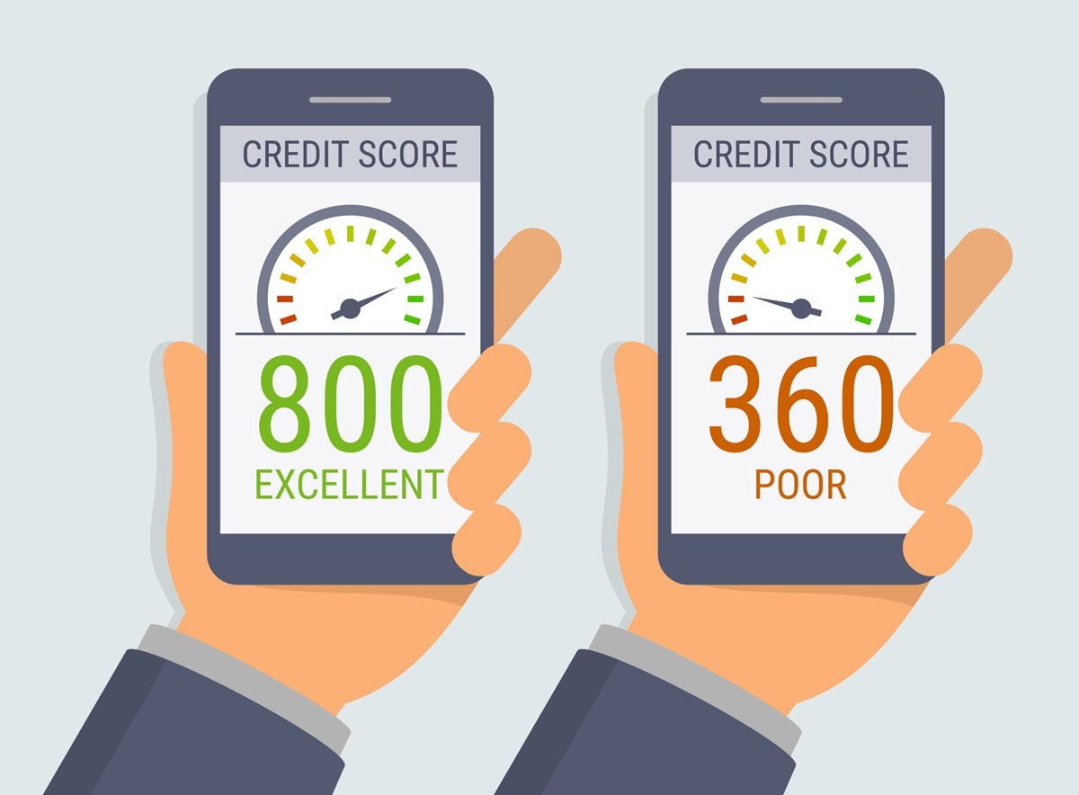Vector hands holding two smartphones with credit score app on-screen.