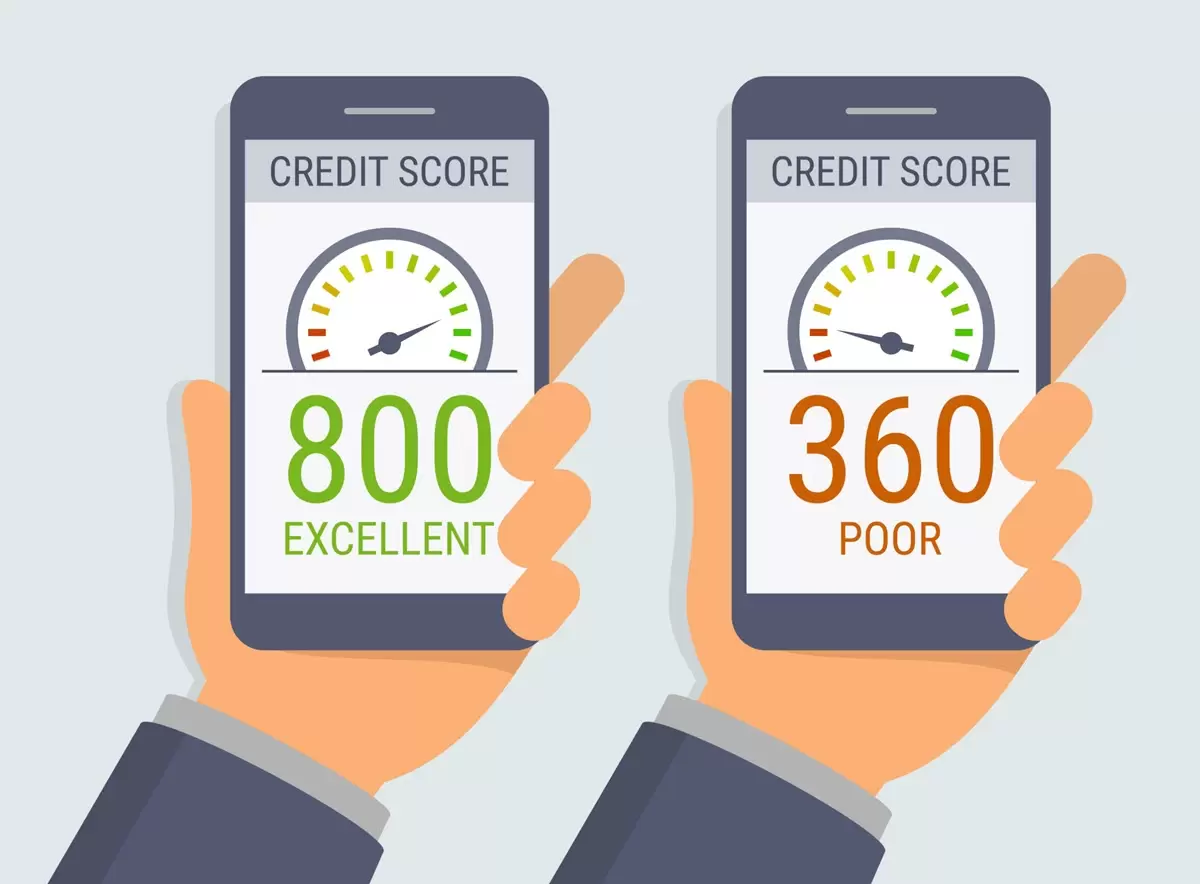 Vector hands holding two smartphones with credit score app on-screen.