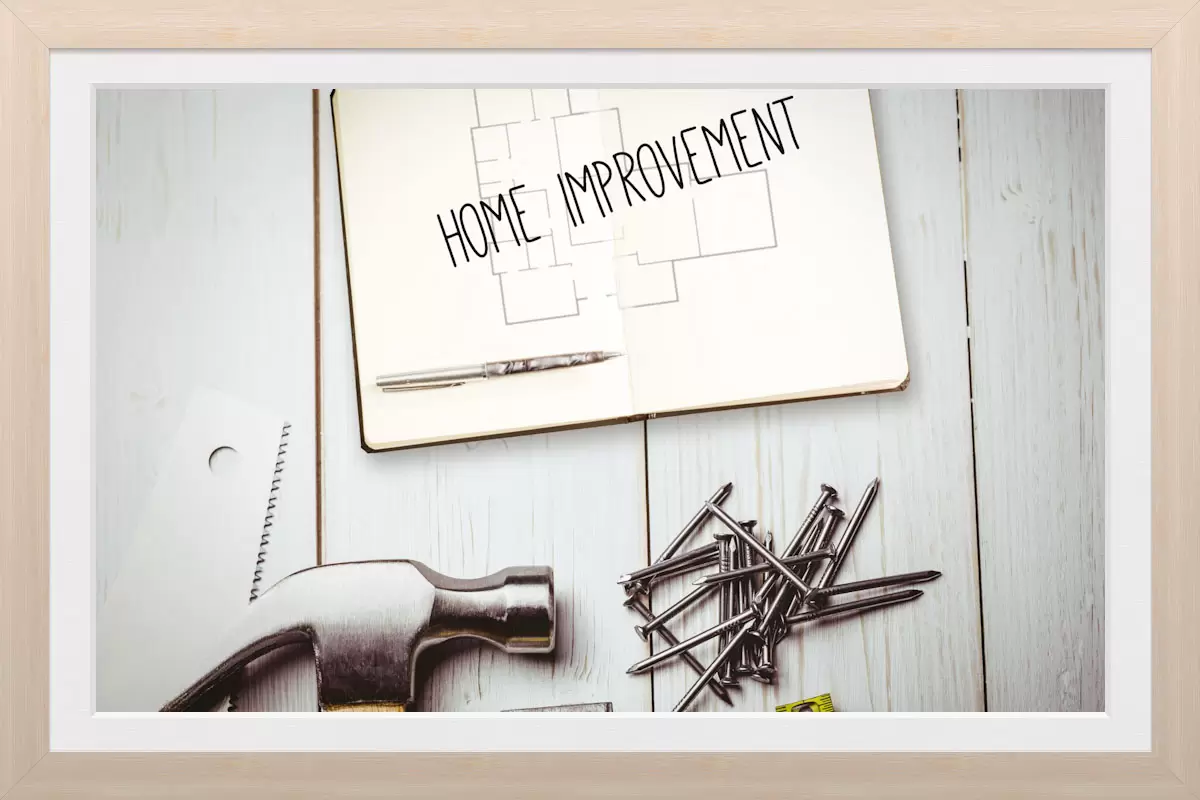Home improvement sketch with tools and nails on wooden table. Home improvement sketch with tools and nails on wooden table.